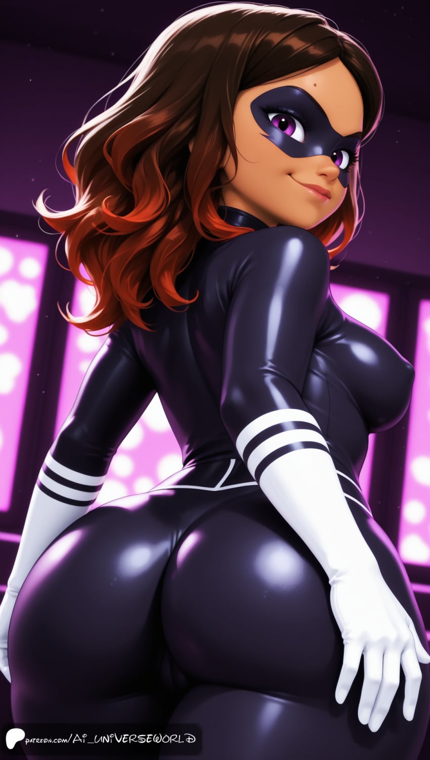ai_generated aiuniverse56 alya_cesaire ass ass_focus black_bodysuit bodysuit brown_hair bubble_ass bubble_butt butt butt_focus cameltoe covered_nipples domino_mask from_behind from_below lady_wifi long_hair mask medium_breasts miraculous:_tales_of_ladybug_and_cat_noir miraculous_ladybug orange_hair purple_eyes stable_diffusion white_gloves