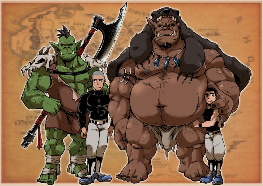 age_difference bara barazoku barefoot baseball_cap baseball_uniform belly big_belly brown_skin brown_skinned_male chubby chubby_male dad_bod daddy dark_skin dark_skinned_male fat_man feet gay gay_male green_skin green_skinned_male gut hairy hirsute holding_partner humanoid japanese_male male male/male male_only mature muscle musclegut muscles muscular muscular_male older_male orc orc_male othukimi overweight overweight_male pointy_ears scar scars scars_all_over size_difference toes torn_ear
