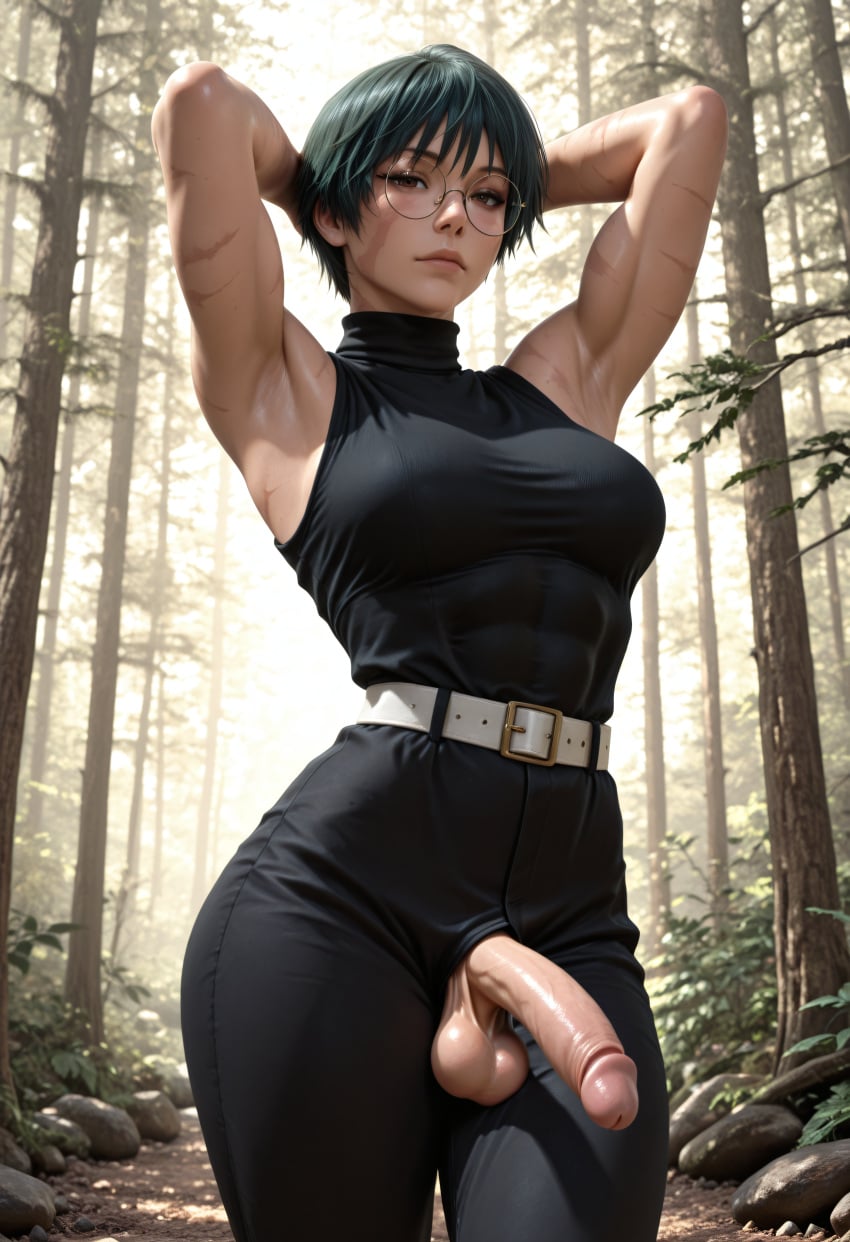 1futa abs ai_generated armpits athletic athletic_futa balls breasts brown_eyes fit fit_futa futanari glasses green_hair jujutsu_kaisen maki_zenin muscular muscular_futa penis scar scar_on_face scars short_hair sparcy testicles zenin_maki