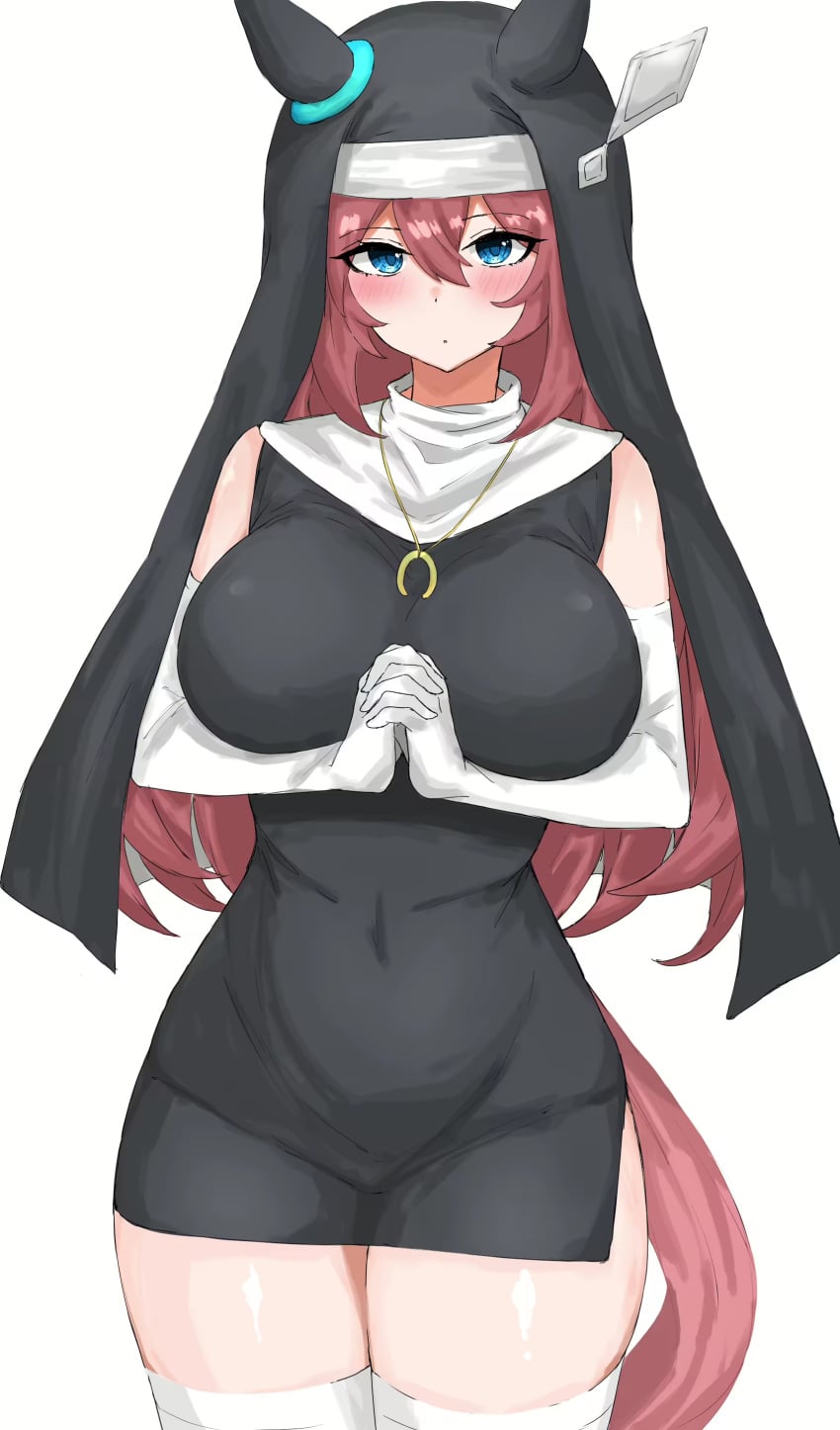 big_breasts blush clothed clothed_female elbow_gloves horse_ears horse_girl horse_tail kumiyabe long_hair mihono_bourbon_(umamusume) necklace nun nun_headdress nun_outfit old_art questionable solo solo_female thighhighs umamusume