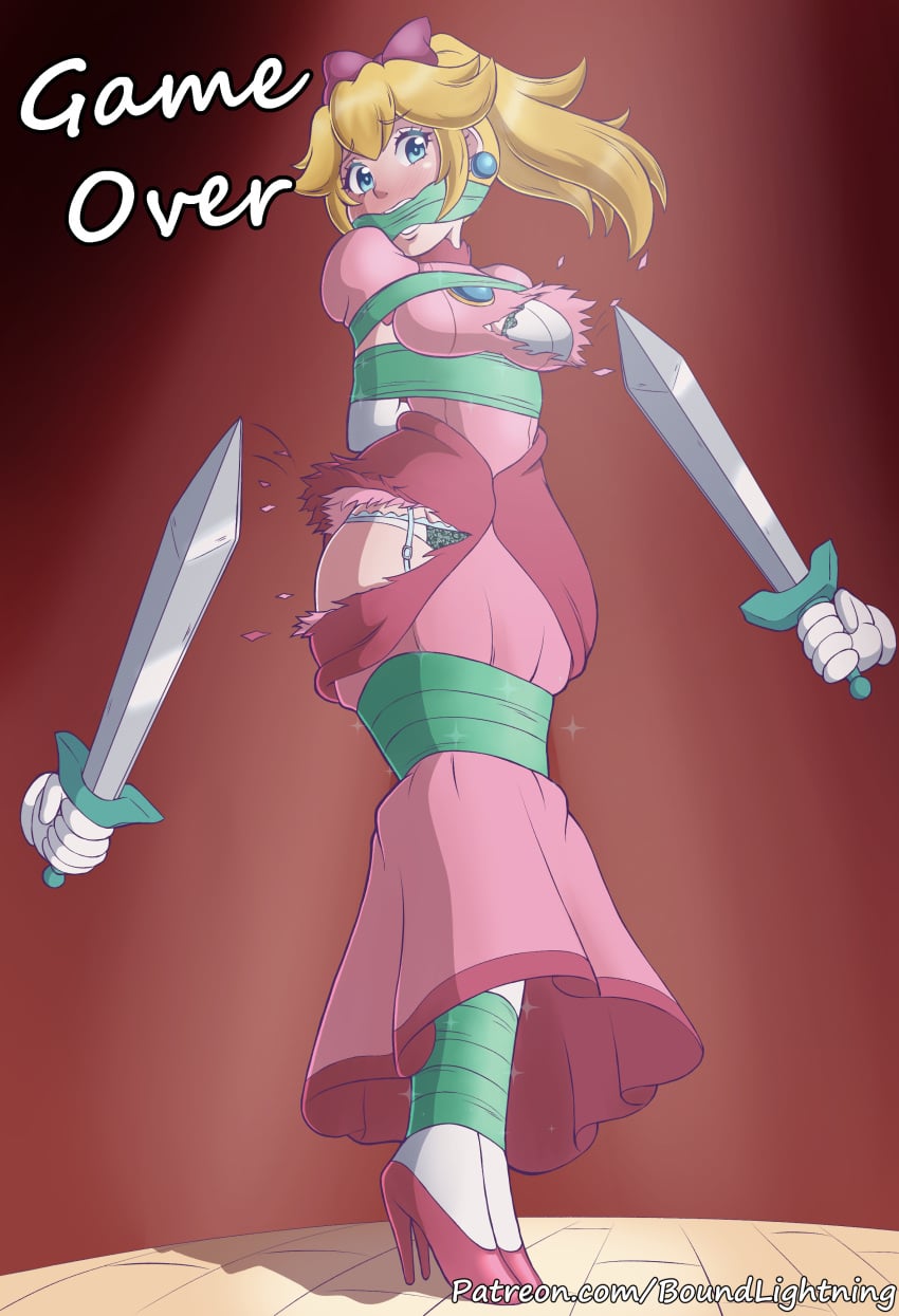 1girls big_breasts blonde_hair bondage boundlightning busty defeated_heroine large_breasts long_hair mario_(series) nintendo ponytail princess_peach super_mario_bros.
