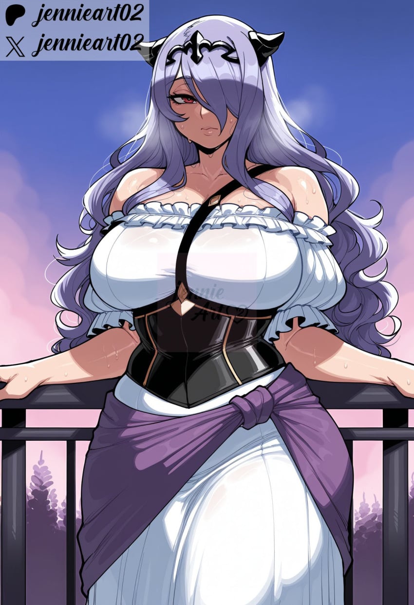 1girl against_railing ai_generated bare_shoulders blush bodice breasts camilla_(fire_emblem) clothing corset curvy dress female fire_emblem fire_emblem_if frills hair_over_one_eye horns huge_breasts jennieart02 large_breasts long_hair looking_at_viewer off-shoulder_dress off_shoulder one_eye_covered outdoors patreon patreon_logo patreon_username purple_eyes purple_hair railing short_sleeves sky solo strap_between_breasts thick_thighs tiara twitter twitter_username underbust very_long_hair watermark wavy_hair web_address white_dress wide_hips