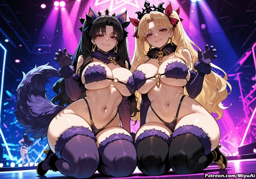 2girls ai_assisted ai_generated alternate_breast_size animal_ears bangs bare_shoulders bikini black_hair black_legwear blonde_hair blush bow breasts claw_pose cleavage curvaceous curvy curvy_female curvy_figure dangerous_beast earrings elbow_gloves ereshkigal_(fate) ereshkigal_(fate/grand_order) fate/grand_order fate_(series) female fgo fur-trimmed_gloves fur-trimmed_legwear fur_collar fur_trim gloves grin hoop_earrings ishtar_(fate) ishtar_(fate)_(all) jewelry lace-trimmed_legwear large_breasts long_hair looking_at_viewer mash_kyrielight mash_kyrielight_(cosplay) miyuai multiple_girls navel o-ring o-ring_top open_mouth parted_bangs parted_lips pink_bow purple_gloves purple_legwear red_eyes revealing_clothes smile stomach tail thick thick_ass thick_butt thick_hips thick_legs thick_thighs thighhighs thighs twintails voluptuous voluptuous_female wide_hips wide_thighs wolf_ears wolf_tail