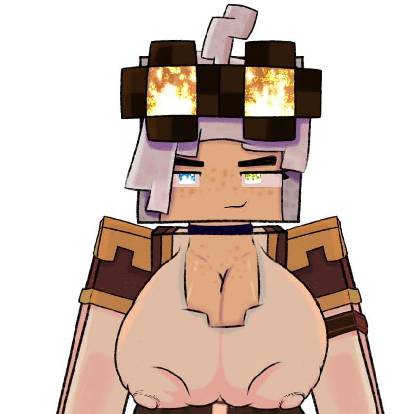 2d angry big_breasts breasts drawn ender2435 female flame glasses grace_(ender2435) grey_background happy looking_at_viewer meme minecraft red_eyes simple_background solo white_hair zlipyt2