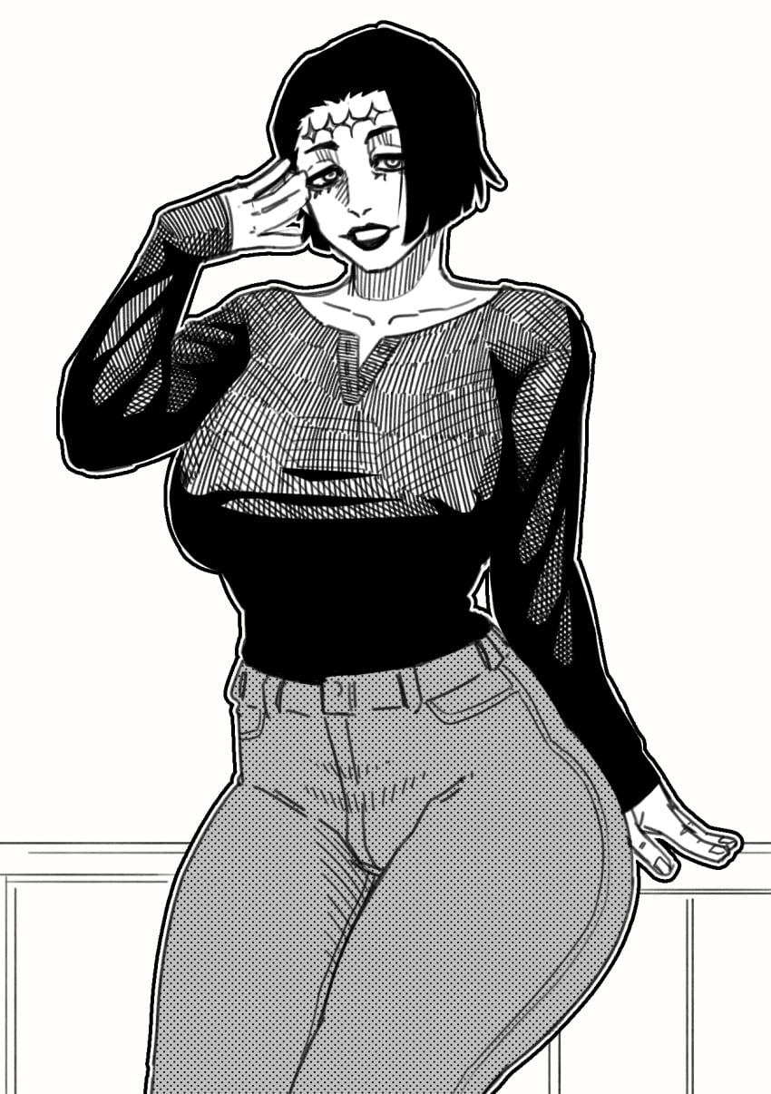 1girl 1girls black_and_white black_hair boobies boobs boots breasts burnt_lewds clothed clothed_female clothing curvaceous curvaceous_female curvaceous_figure curves curvy curvy_body curvy_female curvy_figure curvy_hips female female_focus female_only hip_dips hips hips_wider_than_shoulders incinerated_art itadori_kaori jujutsu_kaisen kenjaku kenjaku_(jujustsu_kaisen) legs legs_together lips lipstick looking_at_viewer milf milf_body mother nipple_bulge nipple_outline nipples nipples_visible_through_clothing scar scar_on_face scared scars sexy sexy_body sexy_female sexy_woman short_hair solo solo_female solo_focus solo_girl thick thick_hips thick_legs thick_thighs thighs tiddies titties woman woman_focus woman_only woman_solo