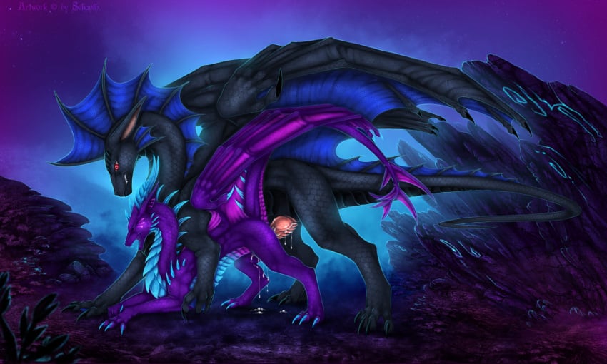 2018 black_scales claws closed_eyes detailed_background detailed_scales dragon duo female feral male membranous_wings open_mouth outside purple_scales red_eyes scales scalie selianth sex spines standing straight teeth western_dragon wings