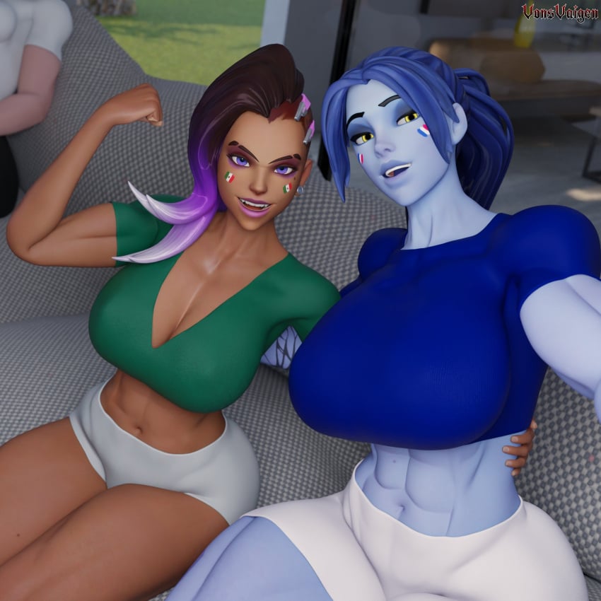 2girls 3d activision amelie_lacroix ass big_ass big_breasts big_thighs blizzard_entertainment blue-skinned_female blue_body blue_skin breasts bubble_ass bubble_butt bust busty chest curvaceous curves curvy curvy_figure female female_only hips hourglass_figure huge_ass huge_breasts large_ass legs mature mature_female muscular muscular_female overwatch overwatch_2 slim_waist sombra thick thick_ass thick_hips thick_legs thick_thighs thighs voluptuous voluptuous_female vonsvaigen waist wide_hips wide_thighs widowmaker world_cup