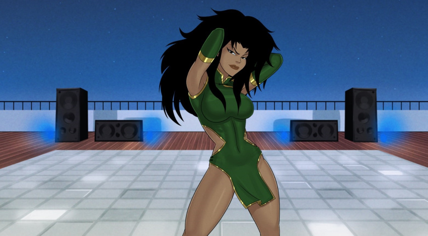 1girls athletic black_eyes black_hair breasts cheshire covered_breasts dance_floor dc dc_comics dress elbow_gloves female female_only gold_trim green_dress green_gloves hourglass_figure jade_nguyen long_hair solo sunsetriders7 wild_hair young_justice