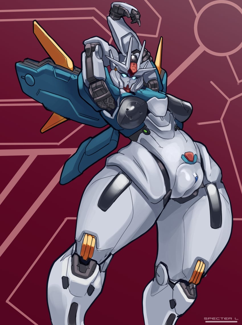 absurdres aqua_eyes armor arms_behind_head artist_name commentary english_commentary gundam gundam_aerial_rebuild gundam_suisei_no_majo highres mecha mecha_focus mechanical_arms mechanical_legs mechanical_pussy mobile_suit no_humans partial_humanization pussy robot science_fiction simple_background solo specter_l v-fin