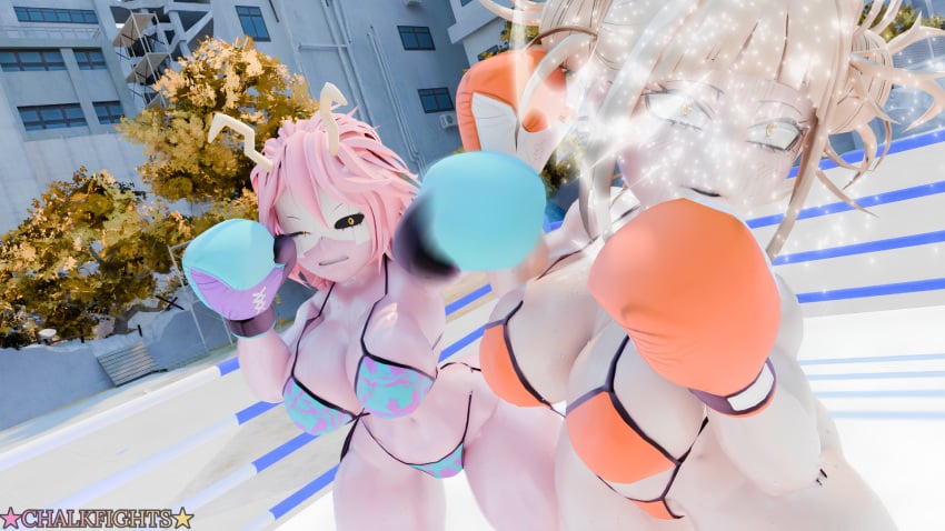 2girls 3d 3d_(artwork) big_breasts bikini black_sclera blonde_hair boxing boxing_gloves boxing_ring breasts catfight chalkfights cleavage female_focus female_only fight fighting fighting_ring hair_buns himiko_toga horns huge_breasts large_breasts mina_ashido my_hero_academia pink_eyes pink_hair punch punching punching_face ryona thick thick_thighs thighs wide_hips yellow_eyes