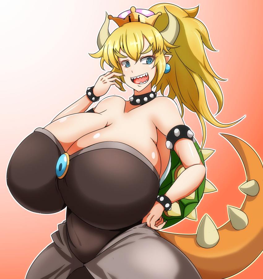 1girls black_dress blonde_hair bowsette breasts cleavage crown dress female female_only genderswap giant_breasts gigantic_breasts gradient_background horns kuri039 looking_at_viewer mario_(series) milf new_super_mario_bros._u_deluxe nintendo pointy_ears red_background simple_background solo standing tail