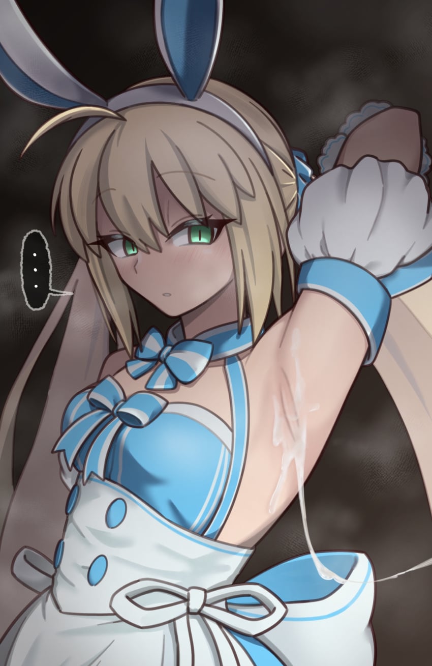 1girl ahoge animal_ears arm_up armpits artoria_caster_(fate) artoria_caster_(swimsuit_berserker)_(second_ascension)_(fate) artoria_pendragon_(fate) bare_shoulders blonde_hair blue_dress blush breasts commentary_request cum cum_on_armpits cum_on_body dress fake_animal_ears fate/grand_order fate_(series) green_eyes hairband highres long_hair looking_at_viewer moyashi_(tenor366) puffy_short_sleeves puffy_sleeves rabbit_ears short_sleeves skirt small_breasts solo twintails white_skirt
