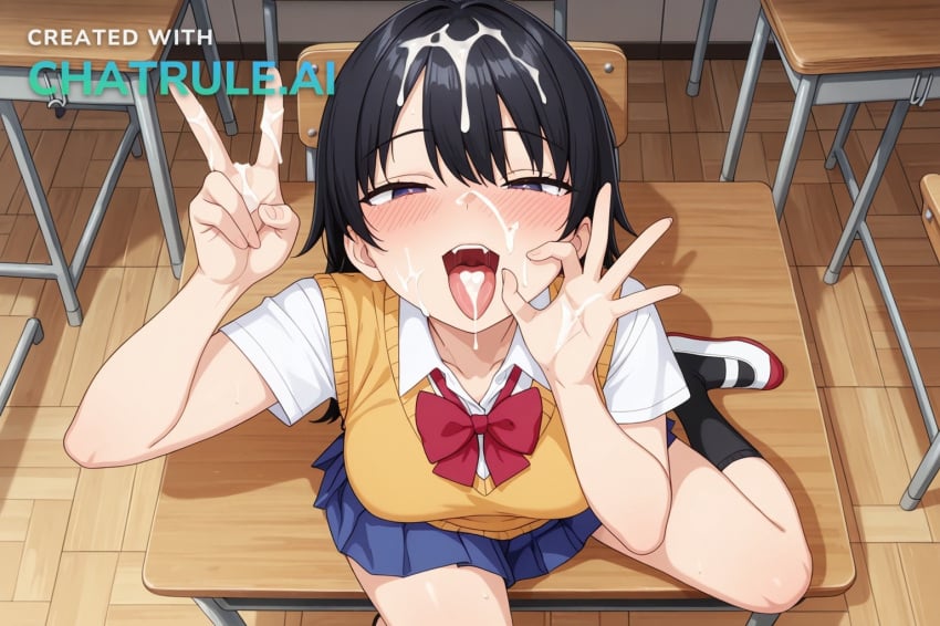 1girl ai_assisted ai_generated awaiting_cum beach black_socks blue_skirt classroom collared_shirt cum_in_hair cum_on_face cum_on_hands fellatio_gesture full_body knee_up kneehighs kneeling looking_at_viewer naked naughty_face on_desk open_mouth oral_invitation pleated_skirt red_bowtie school_desk school_uniform sitting smile sweater_vest tongue_out uwabaki v view_from_above white_shirt yellow_sweater_vest