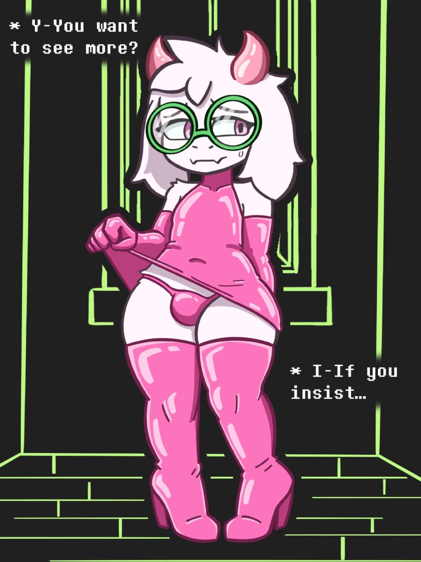 boots bulge bulge_through_clothing bulge_under_clothes caprine deltarune dialogue embarassed femboy feminine_male girly glasses gloves goat goat_horns horns latex latex_boots latex_clothing latex_dress latex_gloves latex_panties latex_thighhighs looking_away male male_focus nervous panties panty_bulge pink_dress pink_eyes pink_latex ralsei skirt_lift skirt_lifted_by_self sweatdrop swisschocoart thigh_boots thigh_highs thighhighs thong thong_panties underwear white_fur