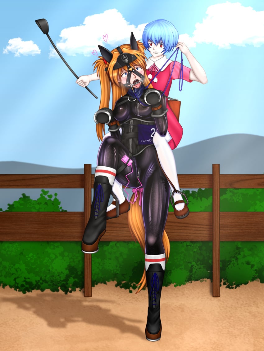 asuka_langley_sohryu ayanami_rei bdsm bdsm_gear bondage bondage_gear bound female female_focus female_only femdom femsub human leash leash_pull neon_genesis_evangelion petplay ponyplay rei_ayanami ring_gag tagme