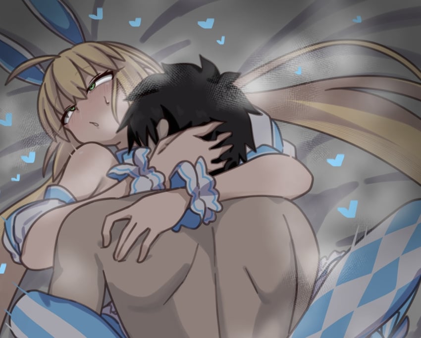 1boy 1girl ahoge animal_ears argyle_clothes argyle_thighhighs artoria_caster_(fate) artoria_caster_(swimsuit_berserker)_(second_ascension)_(fate) artoria_pendragon_(fate) bare_shoulders black_hair blonde_hair blue_thighhighs blush boy_on_top clothed_female_nude_male commentary_request cross-eyed detached_sleeves fake_animal_ears fate/grand_order fate_(series) green_eyes hairband hetero hug long_hair lying missionary moyashi_(tenor366) nude on_back out-of-frame_censoring puffy_short_sleeves puffy_sleeves rabbit_ears rolling_eyes sex short_hair short_sleeves spread_legs striped_clothes striped_thighhighs thighhighs thighs twintails wrist_cuffs