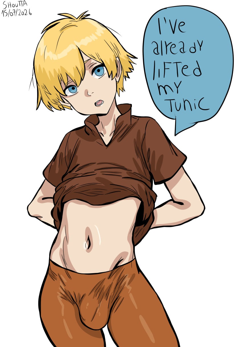 1boy arms_behind_back arthur_(sword_in_the_stone) blonde_hair blue_eyes brown_pants bulge clothed disney leggings open_mouth pants short_hair shouttakun speech_bubble text text_bubble the_sword_in_the_stone tunic young younger_male