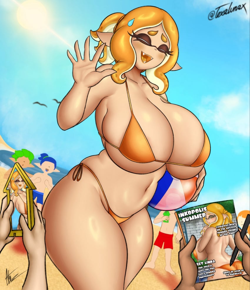 1girls 3boys 3others artist_signature beach beach_ball big_breasts bikini birds blue_sky blush cleavage eyelashes eyes_closed fangs female_focus holding_object huge_breasts inkling inkling_girl large_breasts linda_(telaxart) magazine milf mouth_open nintendo nsfwtalex ocean pen phone ponytail public side-tie_bikini skindentation splatoon splatoon_(series) splatoon_oc sweatdrop taking_picture telaxart texalunax thick_thighs underboob waving