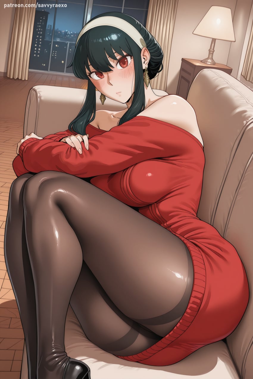 1girl ai_generated ass bangs bare_shoulders black_footwear black_hair blush breasts closed_mouth couch dress earrings hairband hi_res high_quality high_resolution indoors jewelry large_breasts legs long_hair looking_at_viewer lying off-shoulder_sweater off_shoulder on_side pantyhose patreon red_eyes savvyraexo seductive sexy sidelocks sitting solo spy_x_family sweater sweater_dress thighband_pantyhose uncensored watermark yor_briar