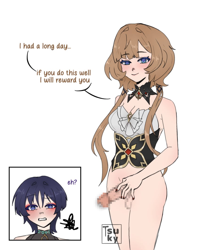 blue_eyes blush brown_hair censored dickgirl futanari genshin_impact male male/futanari mosaic_censoring purple_eyes purple_hair sandrone_(genshin_impact) scaramouche_(genshin_impact) semi_nude smile speech_bubble text tsukyyyy.gimt wanderer_(genshin_impact) white_background