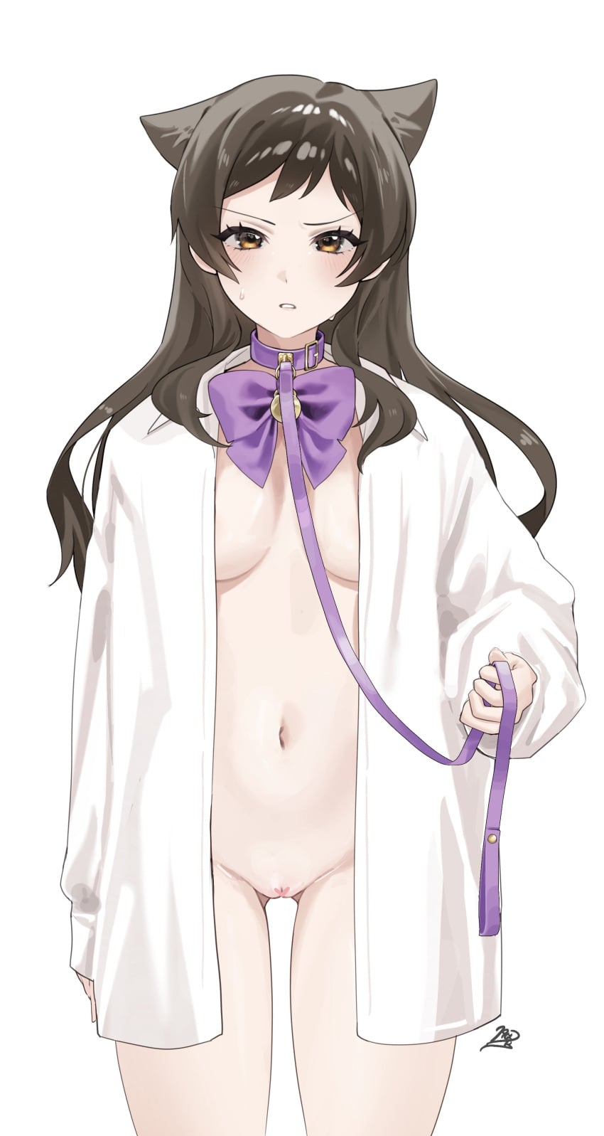 1girl absurdres animal_collar animal_ears bell blush bow bowtie breasts brown_hair cat_ears cat_girl censored collar commentary_request cowboy_shot heart heart_censor highres holding_own_leash idolmaster idolmaster_million_live! kamen_per kemonomimi_mode kitazawa_shiho leash long_hair looking_at_viewer medium_breasts naked_shirt navel neck_bell open_clothes open_shirt purple_bow purple_bowtie purple_collar pussy shirt simple_background solo standing sweatdrop white_background white_shirt