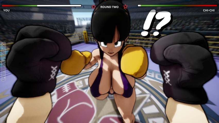 !? 1boy 1girls 3d 3d_(artwork) anon big_breasts black_hair boxing boxing_gloves boxing_ring breasts chalkfights chichi cleavage dragon_ball dragon_ball_z femdom fight fighting fighting_ring hair_bun health_bar huge_breasts large_breasts male_pov milf mixed_boxing pov pov_boxing short_hair slingshot_swimsuit swimsuit wide_hips