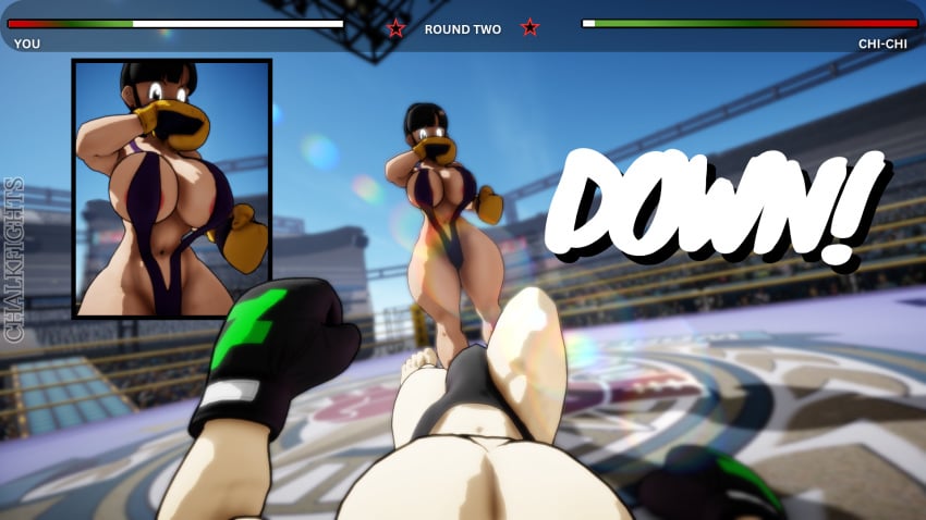 1boy 1girls 3d 3d_(artwork) anon big_breasts black_hair boxing boxing_gloves boxing_ring breasts bulge chalkfights chichi dragon_ball dragon_ball_z femdom fight fighting fighting_ring hair_bun health_bar huge_breasts large_breasts male_pov mixed_boxing on_back pov pov_boxing short_hair slingshot_swimsuit swimsuit thick thick_thighs thighs wide_hips