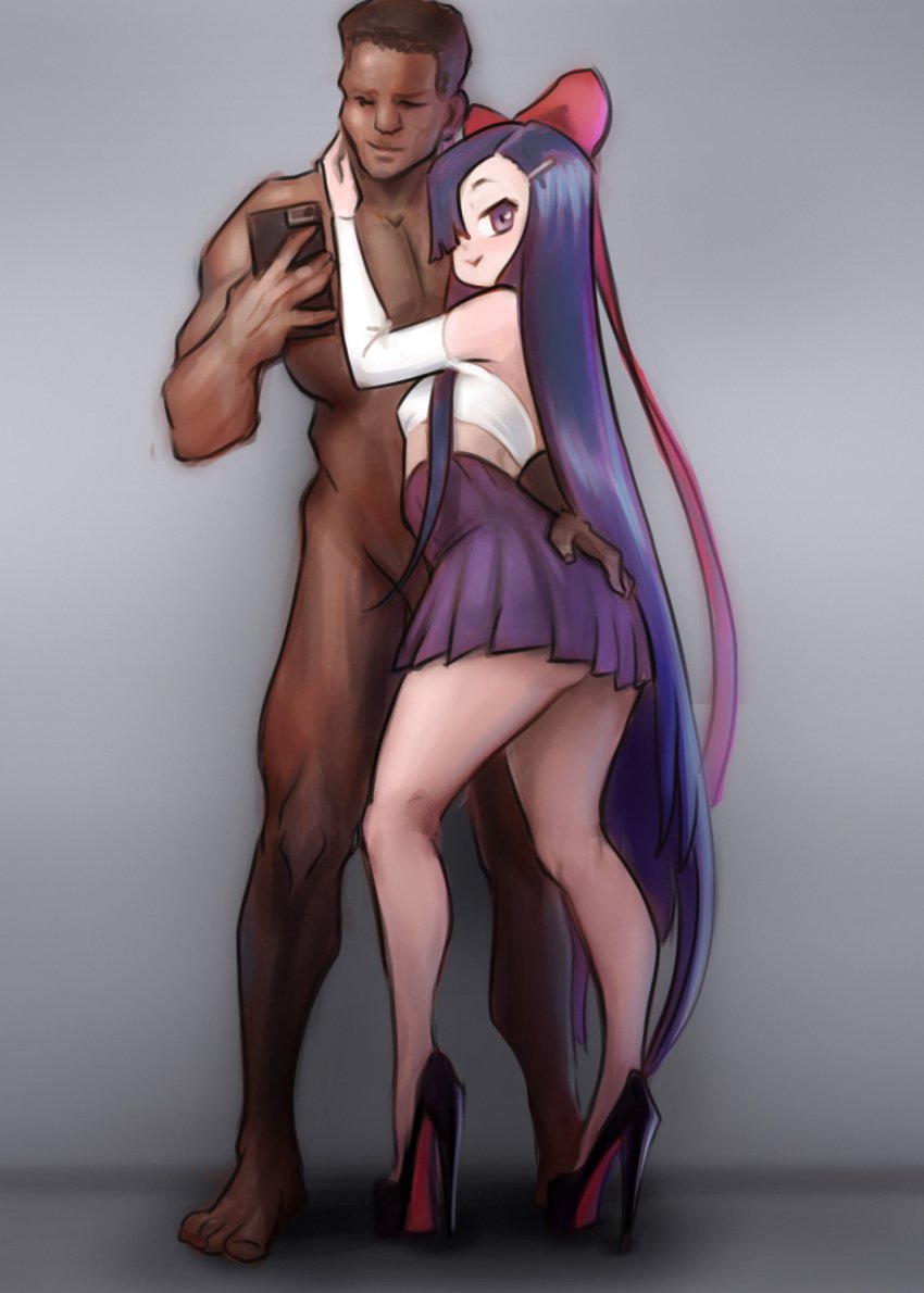 1boy 1girls blackingyourwaifu dark-skinned_male high_heels interracial kasugano_tsubaki legs long_hair male mirai_nikki phone selfie skirt stiletto_heels tagme very_high_heels