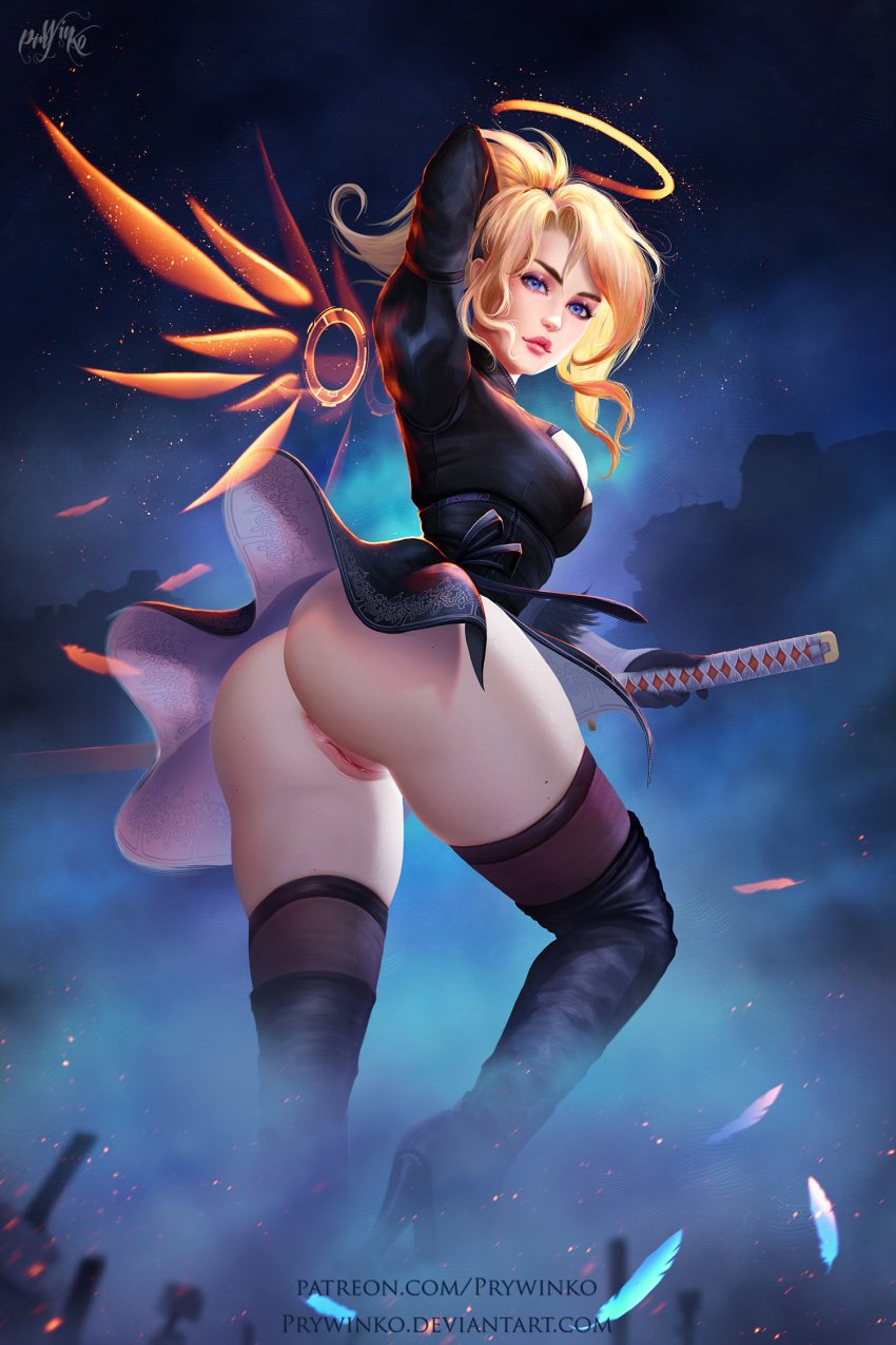 1girls 2018 5_fingers angel_wings anus ass blizzard_entertainment blonde_hair blue_eyes boots bottomless_skirt breasts bubble_ass bubble_butt clothed clothing cosplay crossover dat_ass fat_ass female female_only footwear genitals gloves going_commando hair halo heel_boots heels hentai_foundry high_heels huge_ass human human_only large_breasts looking_at_viewer looking_back mercy nier:_automata nier_(series) no_underwear overwatch plump_ass prywinko pussy round_ass shoes skirt skirt_lift solo sword thick_thighs thigh_boots thighhighs video_games weapon wide_hips yorha_2b_(cosplay)