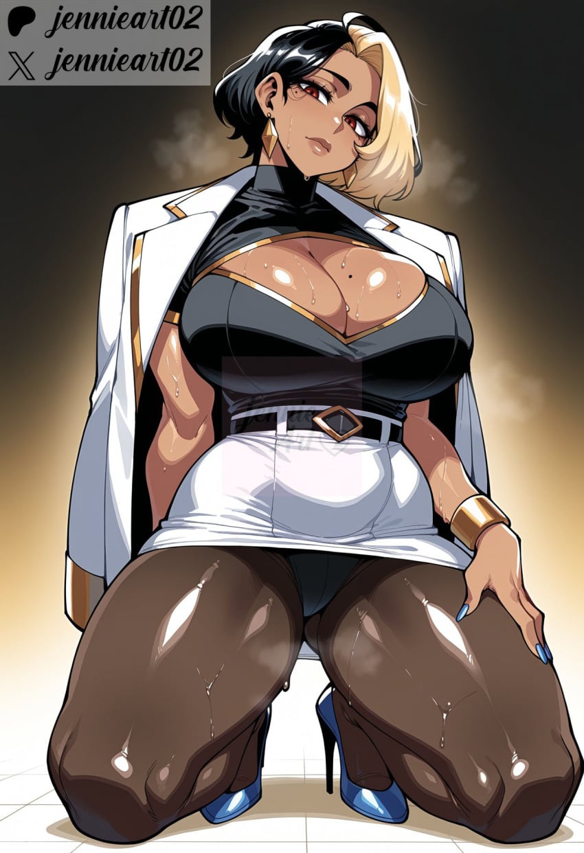1girl ai_generated artist_name belt black_belt black_hair black_panties black_pantyhose blonde_hair blue_footwear blue_nails bracelet breasts brown_eyes brown_pantyhose cleavage cleavage_cutout clothing clothing_cutout dark-skinned_female dark_skin domina earrings female fingernails footwear full_body gradient_background hand_on_own_thigh head_tilt high_heels hoop_earrings huge_breasts jacket jacket_on_shoulders jennieart02 jewelry kneeling large_breasts looking_at_viewer miniskirt mole mole_on_breast mole_under_eye multicolored_hair nail_polish overwatch overwatch_2 panties pantyhose patreon patreon_logo patreon_username pencil_skirt red_eyes shirt shoes short_hair skirt solo sweat thick_thighs thighs twitter twitter_username two-tone_hair underwear watermark white_jacket white_nails white_skirt