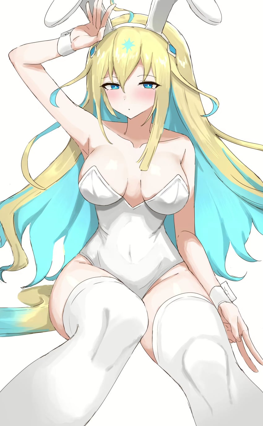 bunny_ears bunnysuit cuffs_(clothing) kumiyabe leotard neo_universe_(umamusume) old_art playboy_bunny playboy_bunny_leotard questionable solo solo_female thighhighs umamusume