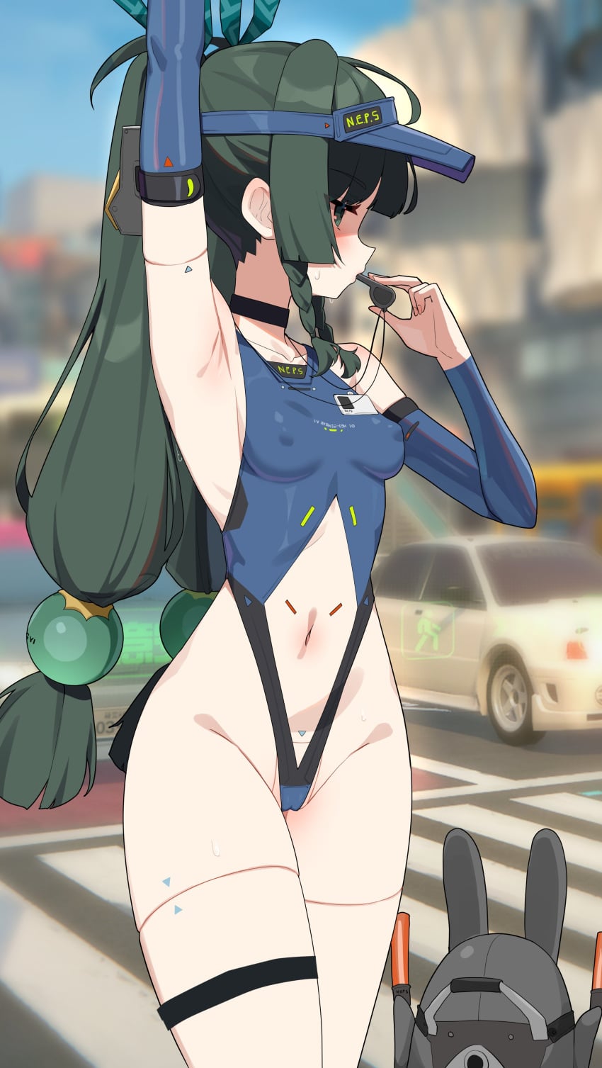 1girls android armpits bare_shoulders breasts cap choker dark_green_eyes dark_green_hair female female_focus female_only green_eyes green_hair groin high_resolution highres leotard long_hair nipples_visible_through_clothing outside qingyi_(zenless_zone_zero) small_breasts solo sweat thighs tied_hair tight_clothing twintails wak_kun whistle whistle_around_neck zenless_zone_zero