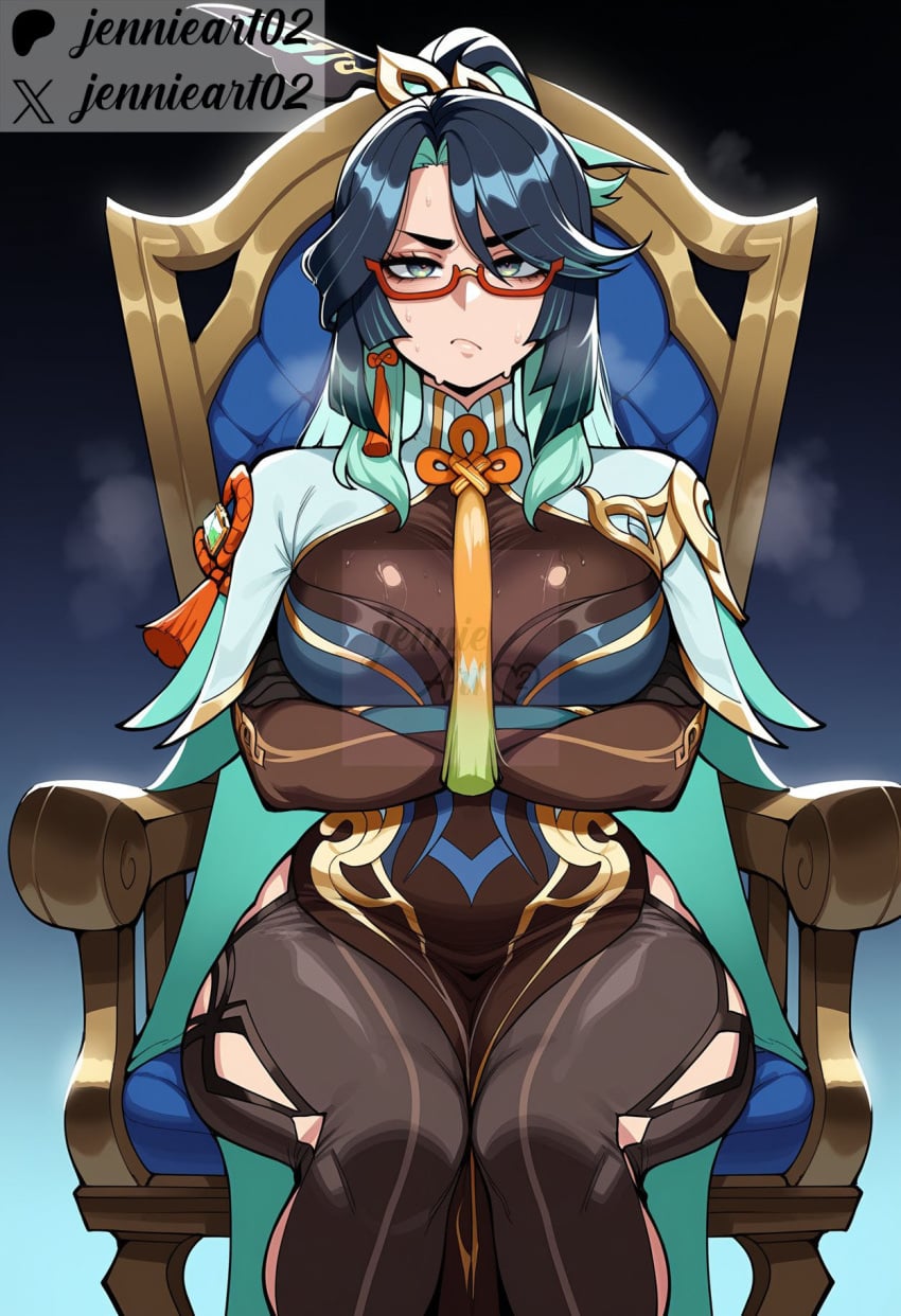 1girl ai_generated aqua_eyes aqua_hair arms_under_breasts black_hair blue_hair bodystocking breasts cape chair clothing colored_inner_hair crossed_arms dress earrings eyewear female genshin_impact glasses green_hair hair_ornament jennieart02 jewelry large_breasts long_hair looking_at_viewer multicolored_hair on_chair patreon patreon_logo patreon_username red-framed_eyewear semi-rimless_eyewear sitting solo sweat tassel tassel_earrings throne twitter twitter_username two-tone_hair very_long_hair watermark web_address xianyun_(genshin_impact)