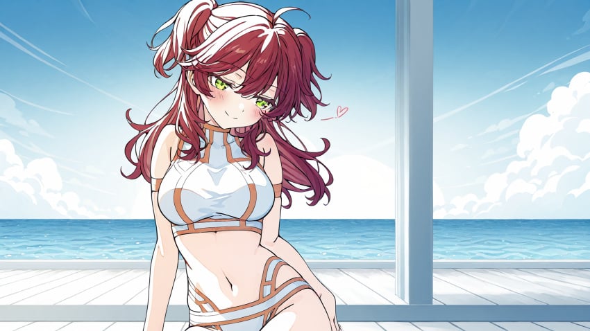 1girls ai_art ai_generated beachwear cleavage female_villain ginger_hair gundam_00 large_breasts nena_trinity red-haired_female red_hair villainess