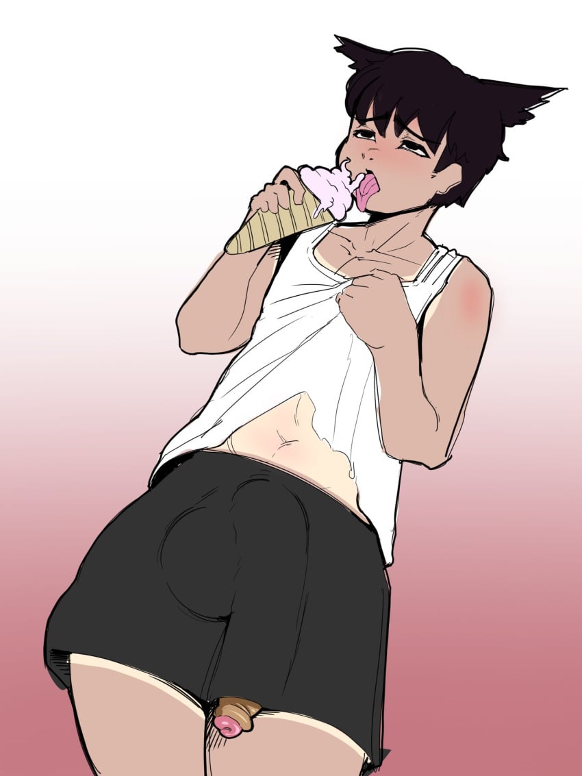 1boy blush bulge goodhorny69 ice_cream jiji_(goodhorny69) oc original_character skinny tan_lines tongue_out