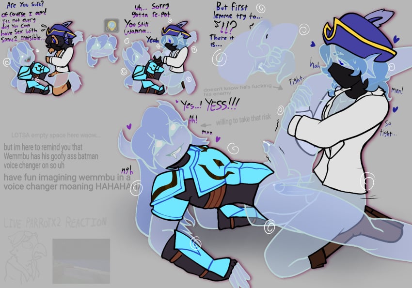 2boys anal anal_fingering anal_penetration anal_sex anonymous_artist anus armor balls black_hair blue_eyes blush blushing bottomless bottomless_male color demon demon_horns dialogue diamond_armor drooling english_text erection fin_ears fingering gay gay_sex grey_background invisible invisible_male inviting_to_sex jaden_man long_hair lube male/male mask mcyt minecraft minecraft_youtubers moaning no_pants partially_clothed penetration penis pirate pirate_hat precum self_upload sex slit_pupils tagme tan_body tanned_skin text thighs transparent twitch twitch.tv twitch_streamer unstable_universe wemmbu wemmbumc white_eyes yaoi youtube youtuber