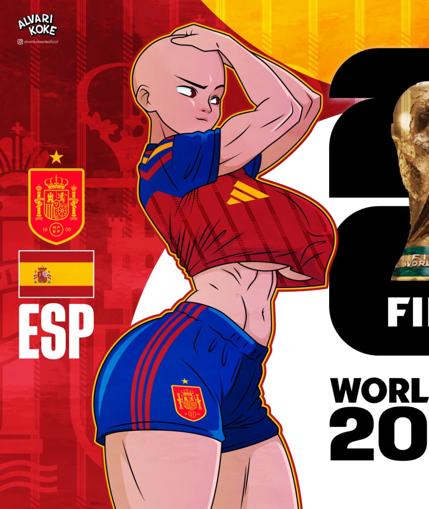 1girls 2020s 2026 2d alvarikokearte bald bald_female big_breasts breasts countryhumans countryhumans_girl countrypersons female female_only fifa png solo spain_(countryhumans) world_cup