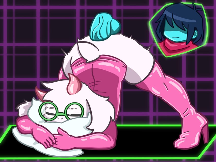 anal anal_penetration anal_sex ass_up blue_skin boots caprine deltarune face_in_pillow femboy feminine_male girly glasses gloves goat goat_horns horns kris_(deltarune) latex latex_boots latex_clothing latex_dress latex_gloves latex_thighhighs male male_focus nonbinary nonbinary_(lore) pink_dress pink_latex ralsei swisschocoart tail thigh_boots thigh_highs thighhighs top_down_bottom_up vein veiny_penis white_fur