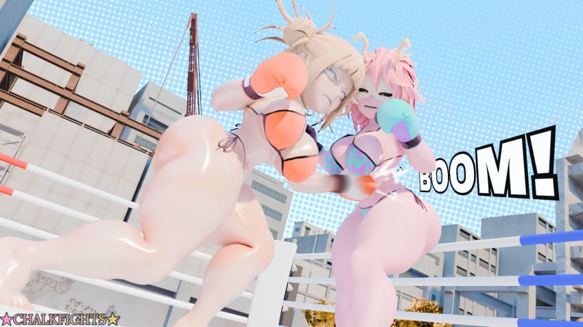 2girls 3d 3d_(artwork) big_breasts bikini black_sclera blonde_female boxing boxing_gloves boxing_ring breasts catfight chalkfights female_focus female_only fight fighting fighting_ring gut_punch hair_buns himiko_toga horns huge_breasts large_breasts mina_ashido my_hero_academia onomatopoeia pink_hair pink_skin punch punching punching_stomach ryona stomach_punch thick thick_ass thick_thighs thighs wide_hips yellow_eyes