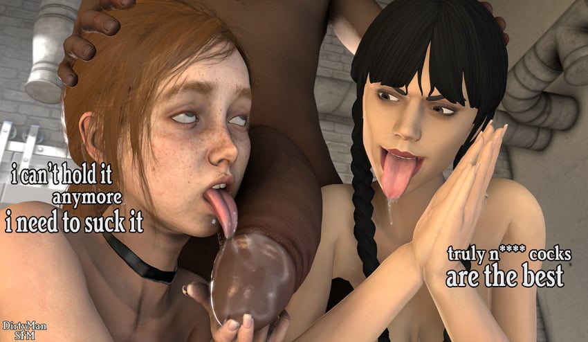 1boy 1guy 1man 2girls 2women 3d ahe_gao ahegao ahegao_face big_breasts big_penis black_eyes black_hair blush brunette dark-skinned_male dark_skin dialogue dirtymansfm drool_string drooling drooling_on_penis ellie_(the_last_of_us) ellie_williams fortnite freaky freckles freckles_on_face goth green_eyes licking_penis long_penis n_word older_female pale-skinned_female sfm source_filmmaker the_last_of_us_2 tongue_out wednesday_(netflix) wednesday_addams