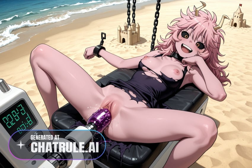 1girl ai_assisted ai_generated ashido_mina bare_shoulders beach black_dress black_sclera collarbone colored_sclera colored_skin cowboy_shot dominated facing_viewer forced_orgasm head_rest high_quality highres horns large_breasts legs_spread long_hair looking_at_viewer mina_ashido mouth_open my_hero_academia nipples petite_body pink_hair pink_skin ripped_clothes sand_castle skinny sleeveless small_breasts small_tits smile solo solo_female swimsuit tiny_tits unable_to_move unable_to_resist yellow_eyes young