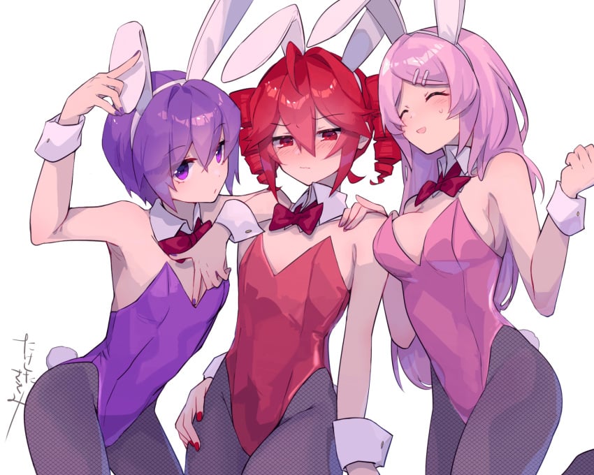 3females 3girls animal_ears armpit_peek bare_shoulders blush bow bowtie breasts clenched_hands closed_eyes closed_mouth detached_collar drill_hair embarrassed expressionless fake_animal_ears fake_tail female female_only fishnet_pantyhose fishnets flat_chest hair_ornament hairband hairclip hand_on_another's_shoulder hand_on_own_hip highres kasane_teto large_breasts leg_up leotard long_hair looking_at_viewer looking_to_the_side medium_hair momone_momo multiple_girls open_mouth pantyhose pink_hair pink_leotard pink_nails playboy_bunny purple_hair purple_leotard purple_nails rabbit_ears rabbit_tail red_bow red_bowtie red_hair red_leotard red_nails short_hair sideboob simple_background smile strapless strapless_leotard tail torino_sasami twin_drills utane_uta utau white_background white_hairband