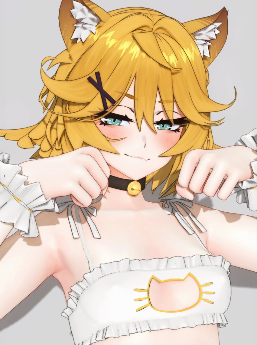 1girls ahoge bell_collar blonde_hair boob_window cat_ears dokibird dokibird_(dokitty) head_wings indie_virtual_youtuber looking_at_viewer loshi small_breasts vtuber