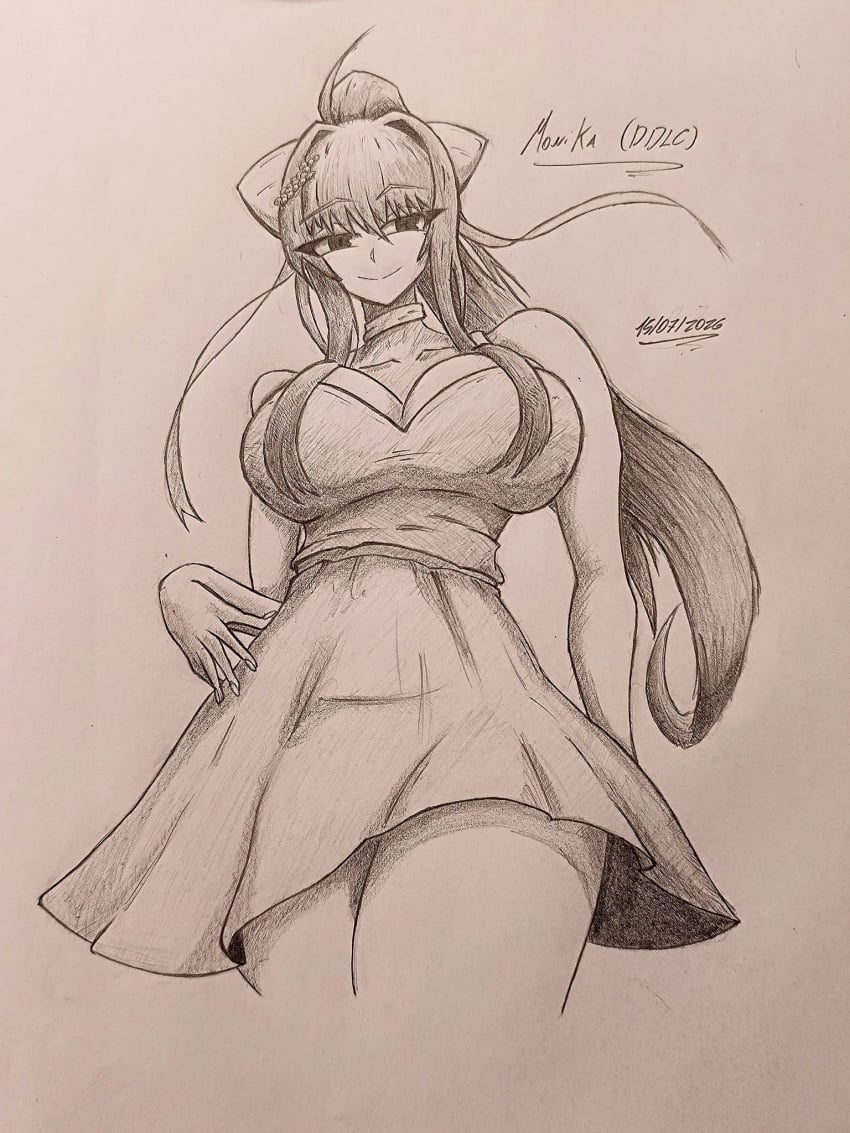 1girls 2d 2d_(artwork) big_boobs big_breasts boobs breasts clothed clothed_female doki_doki_literature_club dress female female_focus female_only large_boobs large_breasts monika_(doki_doki_literature_club) ponytail ponytail_female smile smiling solo solo_female solo_focus thick_thighs thighs