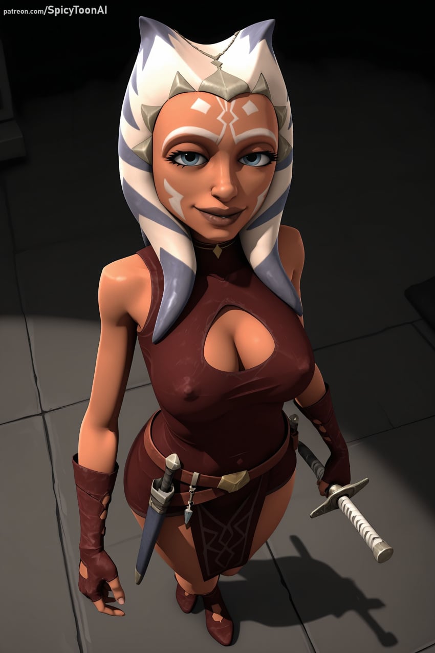 1girl ahsoka_tano ai_generated bare_shoulders belt blue_eyes breasts cleavage cleavage_cutout covered_nipples fingerless_gloves forehead_mark from_above gloves hi_res high_quality high_resolution katana large_breasts lips looking_at_viewer patreon seductive sexy sheath sheathed sleeveless smile solo spicytoonai standing star_wars sword uncensored watermark weapon white_hair