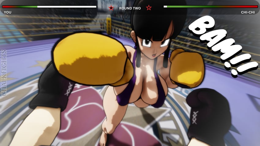 1boy 1girls 3d 3d_(artwork) anon big_breasts black_hair boxing boxing_gloves boxing_ring breasts chalkfights chichi cleavage dragon_ball dragon_ball_z femdom fight fighting fighting_ring hair_bun health_bar huge_breasts large_breasts male_pov milf mixed_boxing pov pov_boxing punch punching punching_face punching_viewer short_hair slingshot_swimsuit swimsuit thick_thighs thighs wide_hips