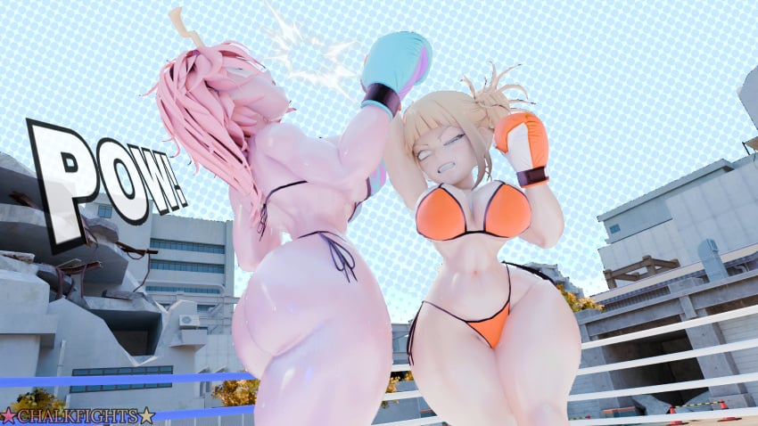 2girls 3d 3d_(artwork) ass big_ass big_breasts big_butt bikini blonde_hair boxing boxing_gloves boxing_ring breasts catfight chalkfights fat_ass fight fighting fighting_ring hair_buns himiko_toga horns huge_ass huge_breasts large_ass large_breasts mina_ashido my_hero_academia onomatopoeia pink_hair pink_skin punch punching ryona thick thick_ass thick_thighs thighs uppercut wide_hips yellow_eyes