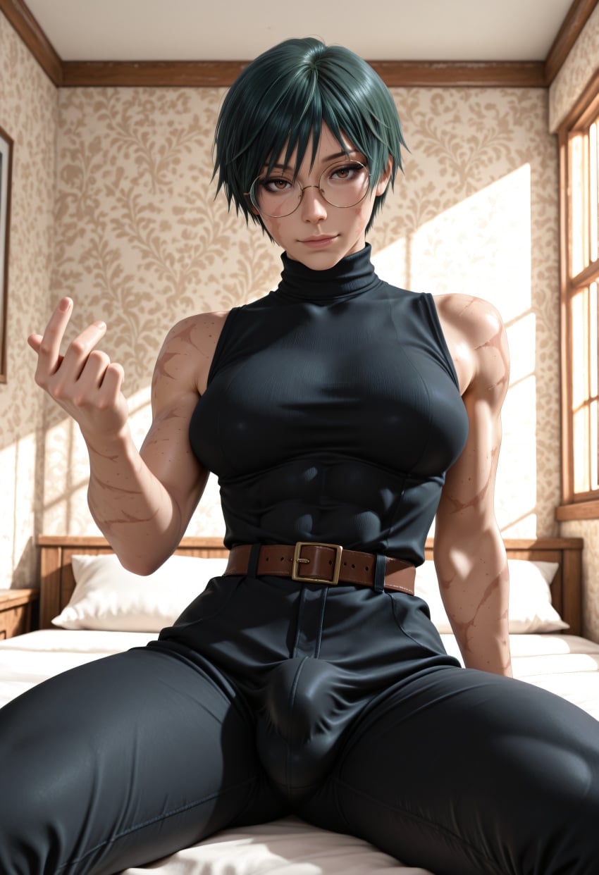 1futa abs ai_generated athletic athletic_futa beckoning breasts brown_eyes bulge bulge_through_clothing fit fit_futa futanari glasses green_hair jujutsu_kaisen maki_zenin muscular muscular_futa scar scar_on_face scars short_hair sparcy zenin_maki