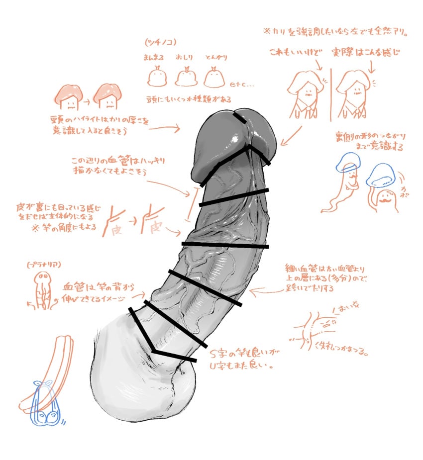 arrow_(symbol) bar_censor censored deka_(deka_4242) disembodied_penis erection greyscale highres monochrome no_humans non-web_source original penis penis_focus simple_background spot_color testicles translation_request veins veiny_penis white_background
