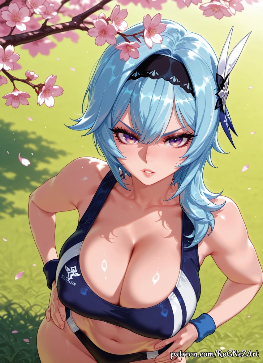 1girl 2026 ai_generated anime bangs bare_shoulders black_hairband blue_hair blush boobs breasts cherry_blossoms cleavage collarbone covered_nipples crossover eula_(genshin_impact) eye_contact female female_focus flushed genshin_impact grass hair_accessory hair_between_eyes hair_ornament hairband hands_on_hips highres hoyoverse huge_breasts large_breasts looking_at_viewer medium_hair midriff mihoyo navel nsfw outdoors parted_lips patreon patreon_username petals purple_eyes rognezart solo sports_bra v-shaped_eyebrows wristband
